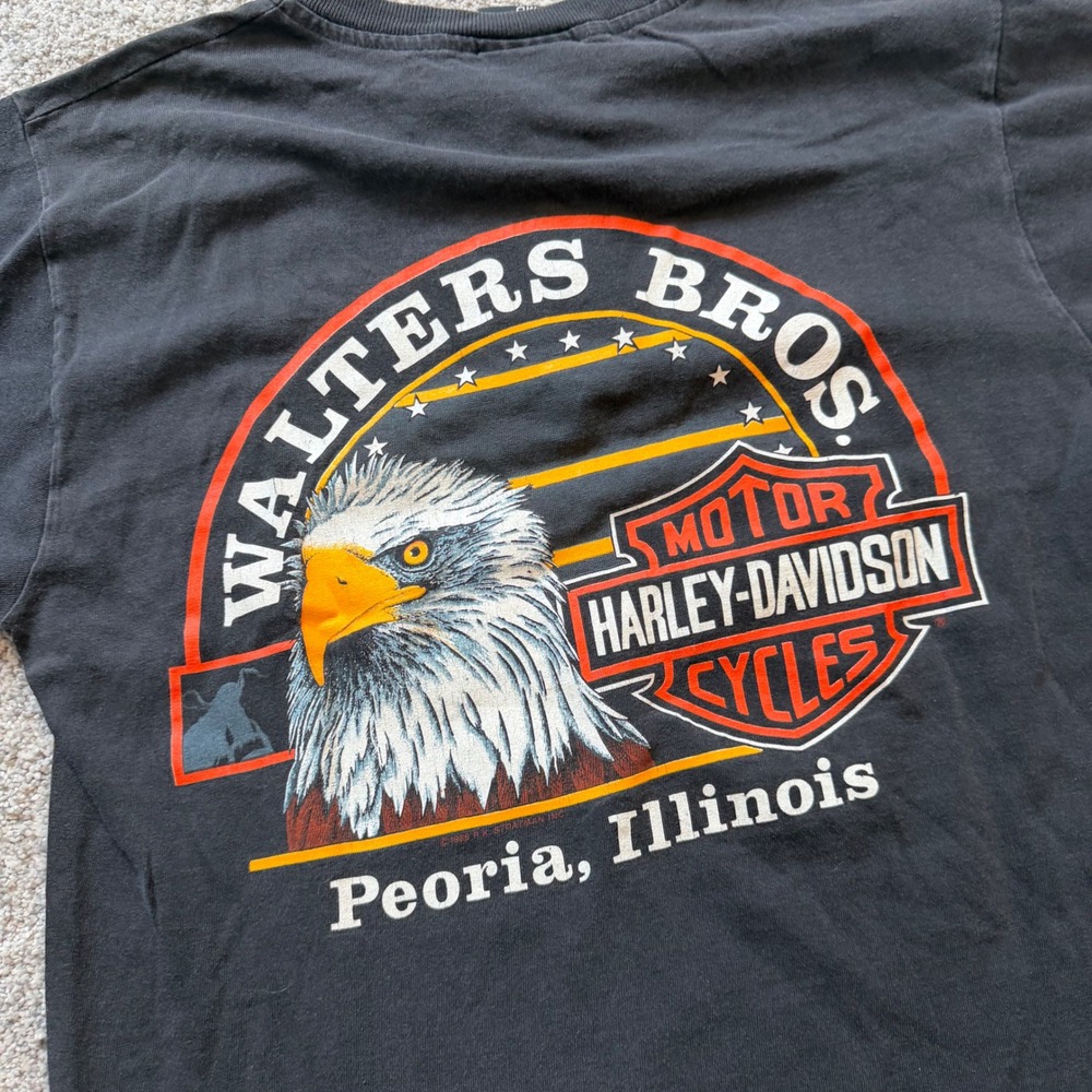 Vintage 1990 Harley Davidson Henley Shirt Walters Bros Peoria IL Eagle Black MD - Picture 5 of 7